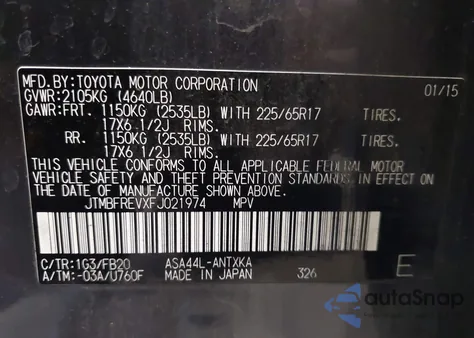 2015 Toyota Rav4 Le z USA, uszkodzony, nr VIN JTMBFREVXFJ021974